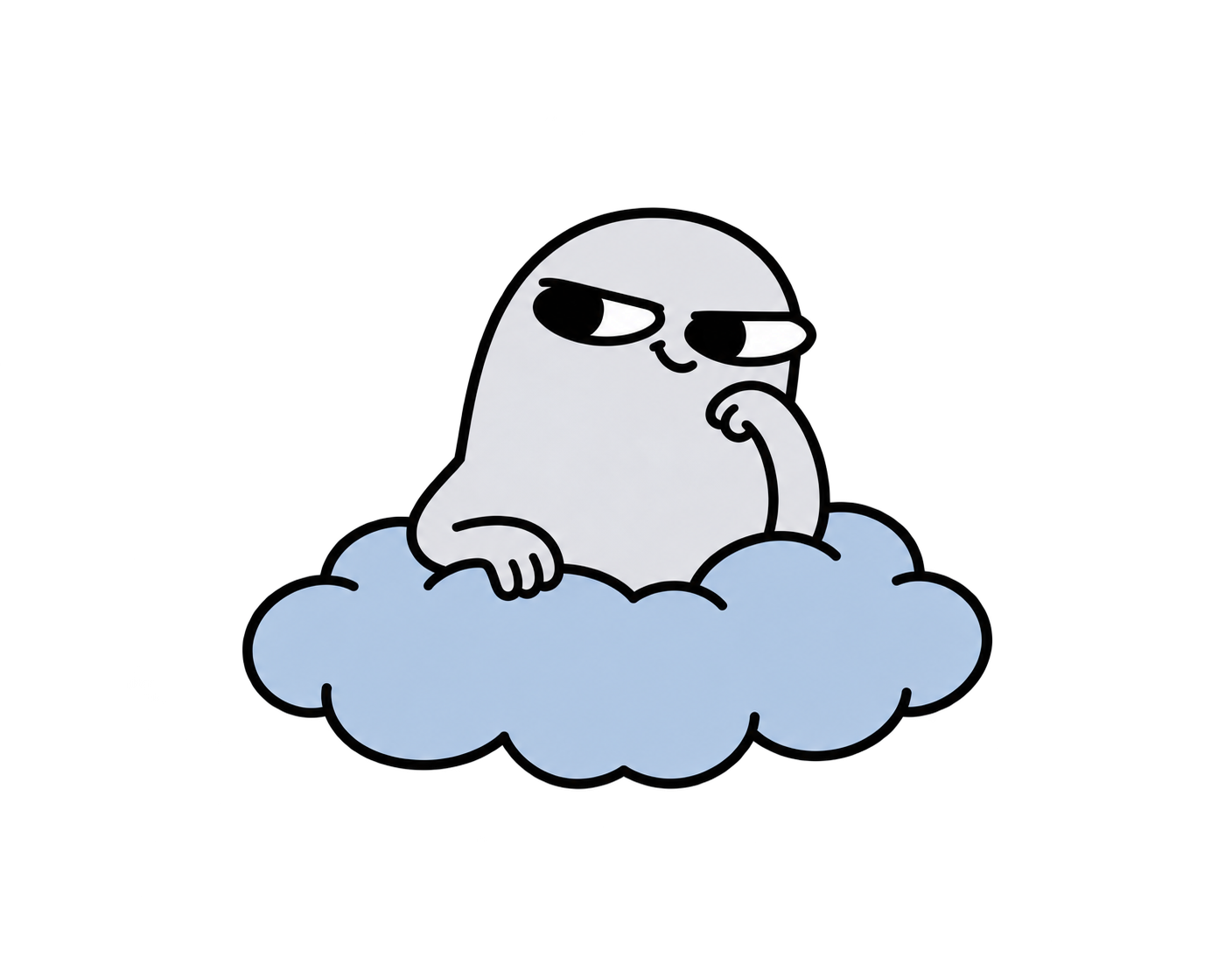A scheming gray blob resting on a blue-gray cloud.